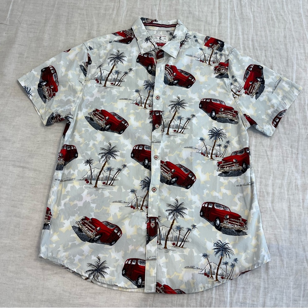 Denim & Flower Men's White Shirt with Red Car Print